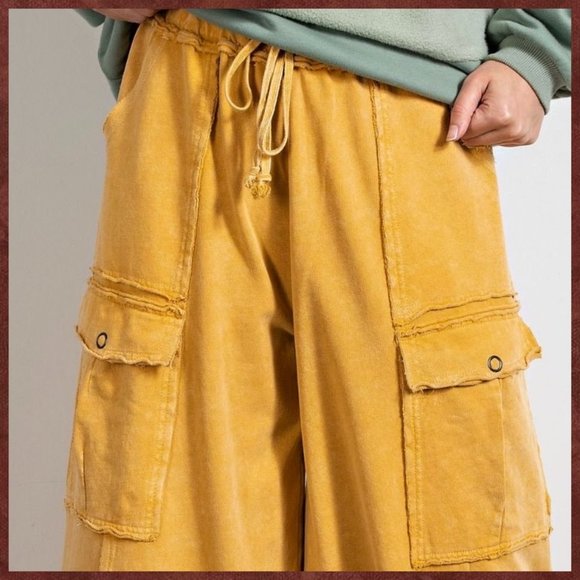 EASEL “Feeling Good Cargos” Mineral Washed Flared Leg, Raw Seams & Hems, Pockets - Picture 10 of 12